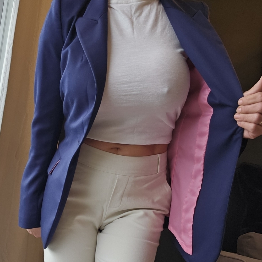 Preppy Single Breasted Blue Blazer with Pink Lining